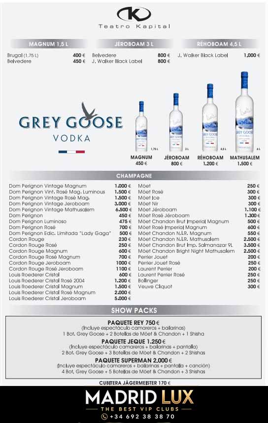 carta menu precios botellas vip teatro kapital